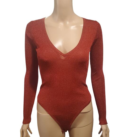 Victoria's Secret Size S Red Metallic Bodysuit Snaps Deep V Neck Club Party - Picture 2 of 11